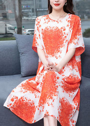 Natural Orange O Neck Print Patchwork Chiffon Loose Dress Summer