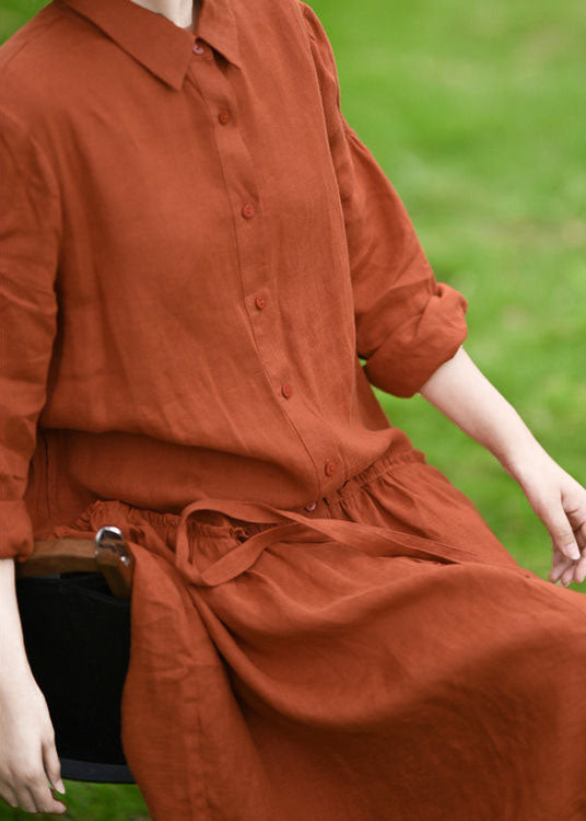 Natural Orange Peter Pan Collar Patchwork Linen Maxi Dresses Spring