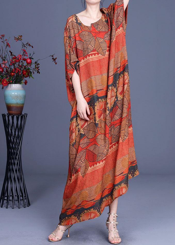 Natural Orange Print O-Neck Asymmetrical Design Summer Silk Maxi Dresses - SooLinen