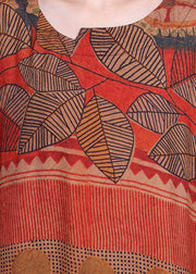 Natural Orange Print O-Neck Asymmetrical Design Summer Silk Maxi Dresses - SooLinen