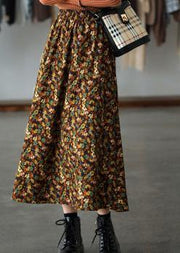 Natural Orange Print Quilting Skirt Elastic Waist Robes Spring Skirt - SooLinen