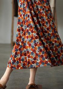 Natural Orange Print Quilting Skirt Elastic Waist Robes Spring Skirt - SooLinen
