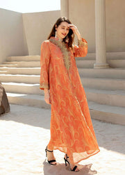 Natural Orange Stand Collar Embroidered Button Tulle Holiday Long Dress Fall