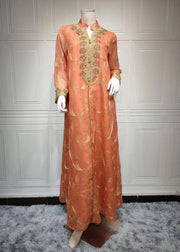 Natural Orange Stand Collar Embroidered Button Tulle Holiday Long Dress Fall