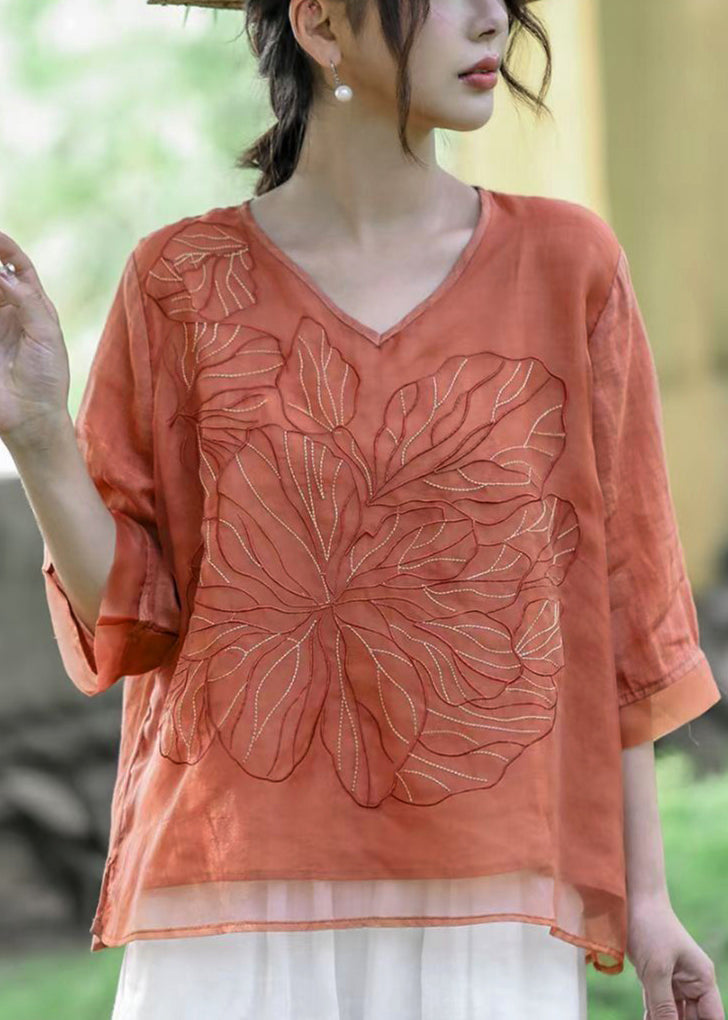 Natural Orange V Neck Embroidered Patchwork Linen T Shirt Half Sleeve
