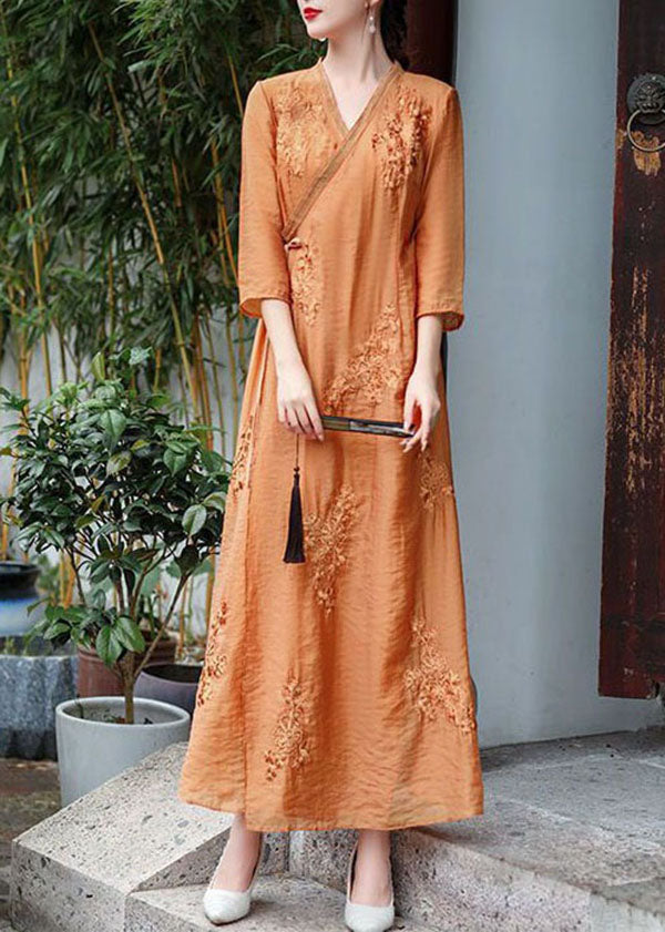 Natural Orange V Neck Embroidered Patchwork Silk Dress Summer