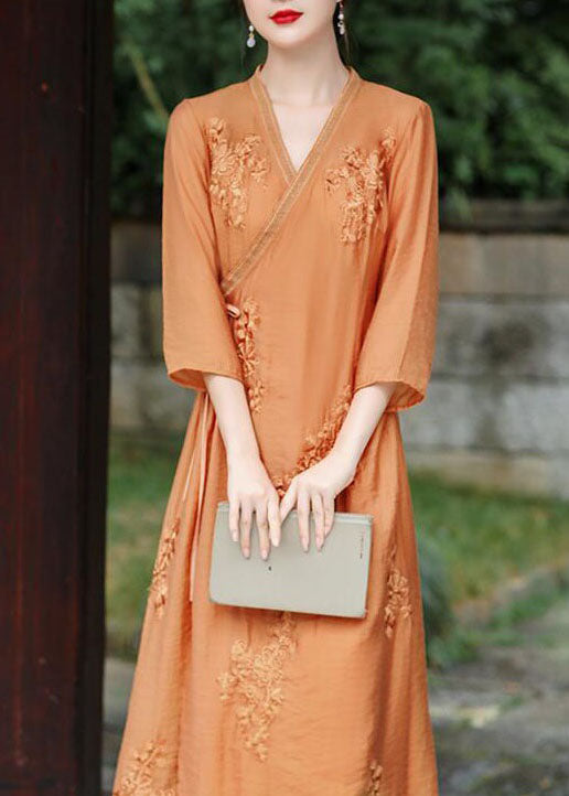 Natural Orange V Neck Embroidered Patchwork Silk Dress Summer