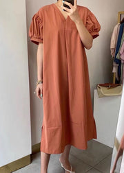 Natural Orange V Neck Patchwork Cotton Dresses Summer