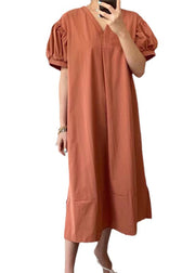 Natural Orange V Neck Patchwork Cotton Dresses Summer