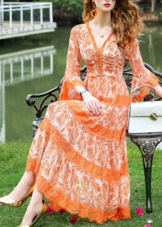 Natürliches orangefarbenes langes Kleid mit V-Ausschnitt und Druck Frühling