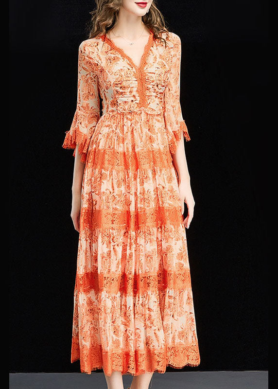 Natürliches orangefarbenes langes Kleid mit V-Ausschnitt und Druck Frühling