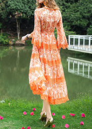 Natural Orange V Neck Print Long Dress Spring