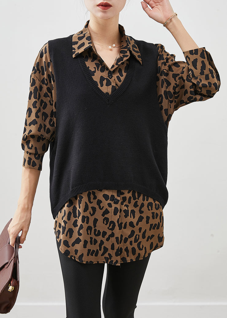Natural Oversized Leopard Print Knit Vest And Shirt Two Pieces Set Winter