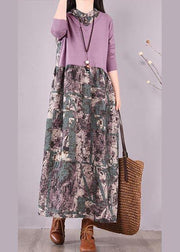 Natural Patchwork Spring Clothes Fabrics Purple Print Loose Dress - SooLinen