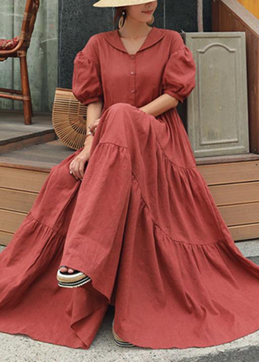 Natural Peter pan Collar Ruffles cotton Robes Tutorials red Dress - SooLinen