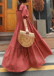Natural Peter pan Collar Ruffles cotton Robes Tutorials red Dress - SooLinen