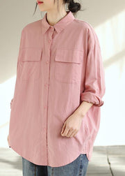 Natural Pink Crane Tops Lapel Pockets Vestidos De Lino Spring Shirts - SooLinen