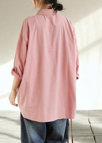 Natural Pink Crane Tops Lapel Pockets Vestidos De Lino Spring Shirts - SooLinen