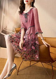 Natural Pink Embroidered Patchwork Tulle Mid Dress Spring