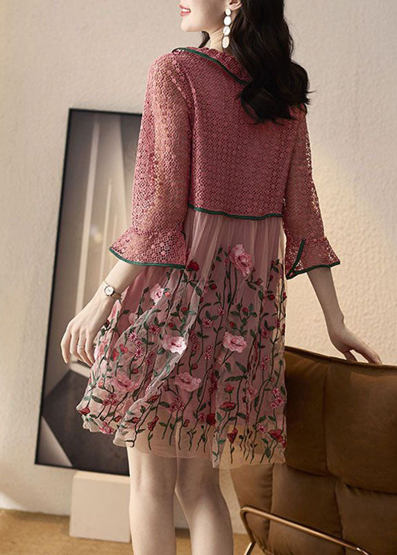 Natural Pink Embroidered Patchwork Tulle Mid Dress Spring
