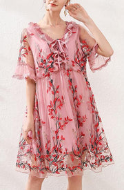 Natural Pink Embroidery Lace Bow Summer Dress - SooLinen