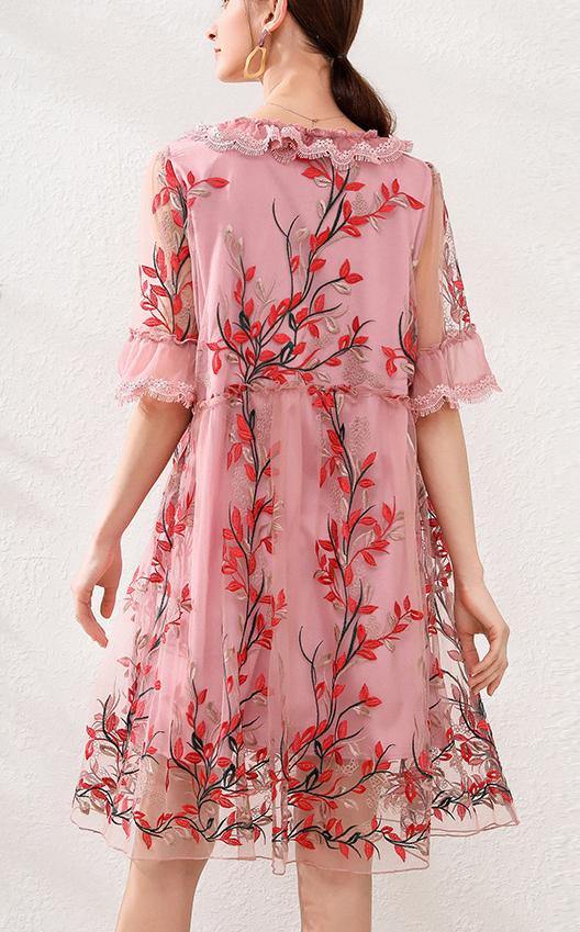 Natural Pink Embroidery Lace Bow Summer Dress - SooLinen