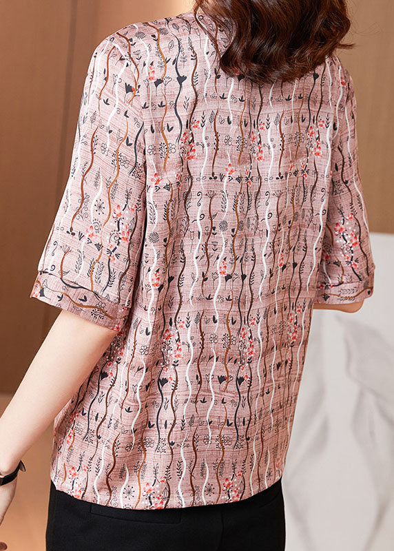 Natural Pink O Neck Patchwork Print Silk T Shirt Tops Summer