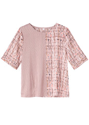 Natural Pink O Neck Patchwork Print Silk T Shirt Tops Summer