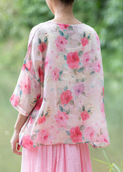 Natural Pink O Neck Print Chinese Button Linen Shirt Summer