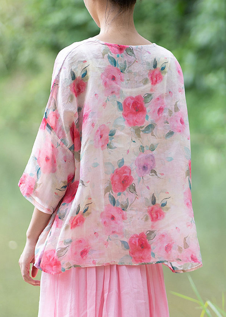 Natural Pink O Neck Print Chinese Button Linen Shirt Summer