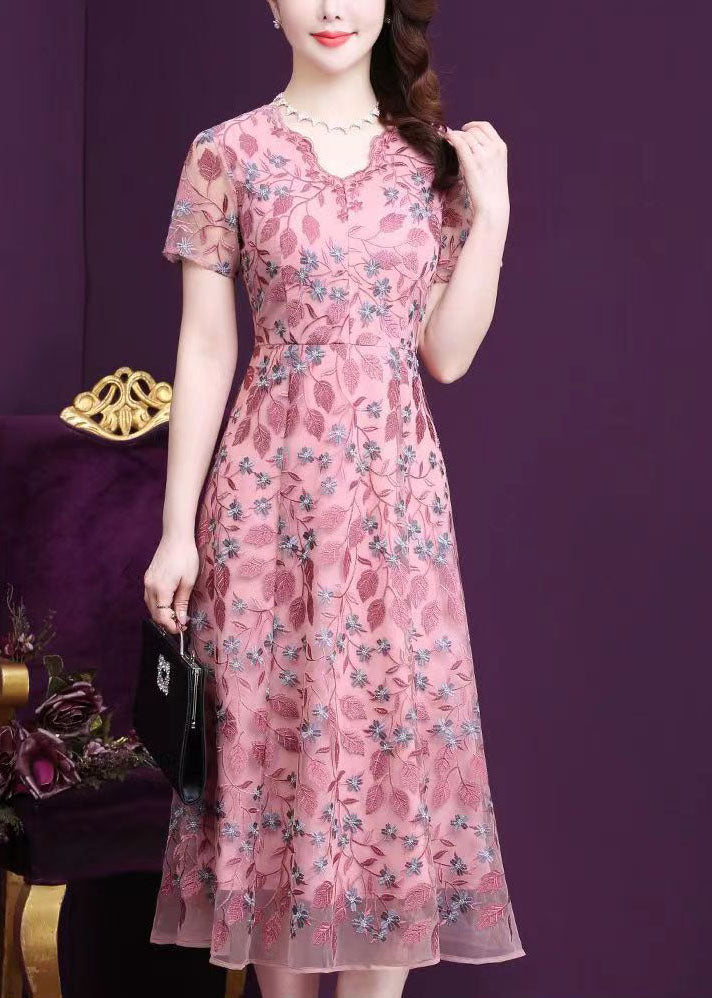 Natural Pink Original Design V Neck Embroidered Silk Cinch Party Dress Short Sleeve