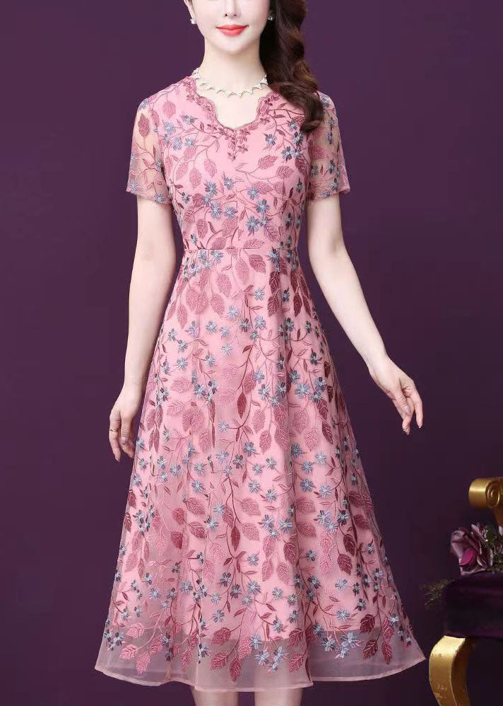 Natural Pink Original Design V Neck Embroidered Silk Cinch Party Dress Short Sleeve