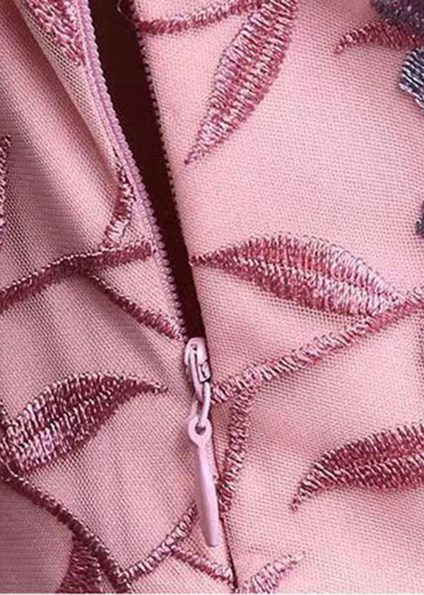 Naturrosa, originelles Design, V-Ausschnitt, besticktes Seiden-Cinch-Partykleid mit kurzen Ärmeln
