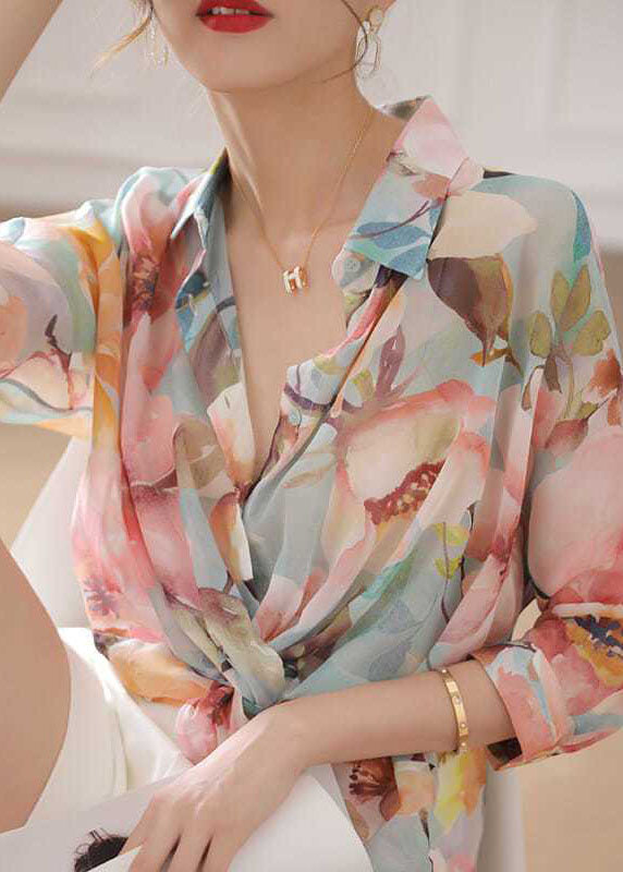 Natural Pink Peter Pan Collar Print Silk Top Bracelet Sleeve