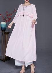 Natural Pink Ruffled Patchwork Linen Robe Dresses Batwing Sleeve