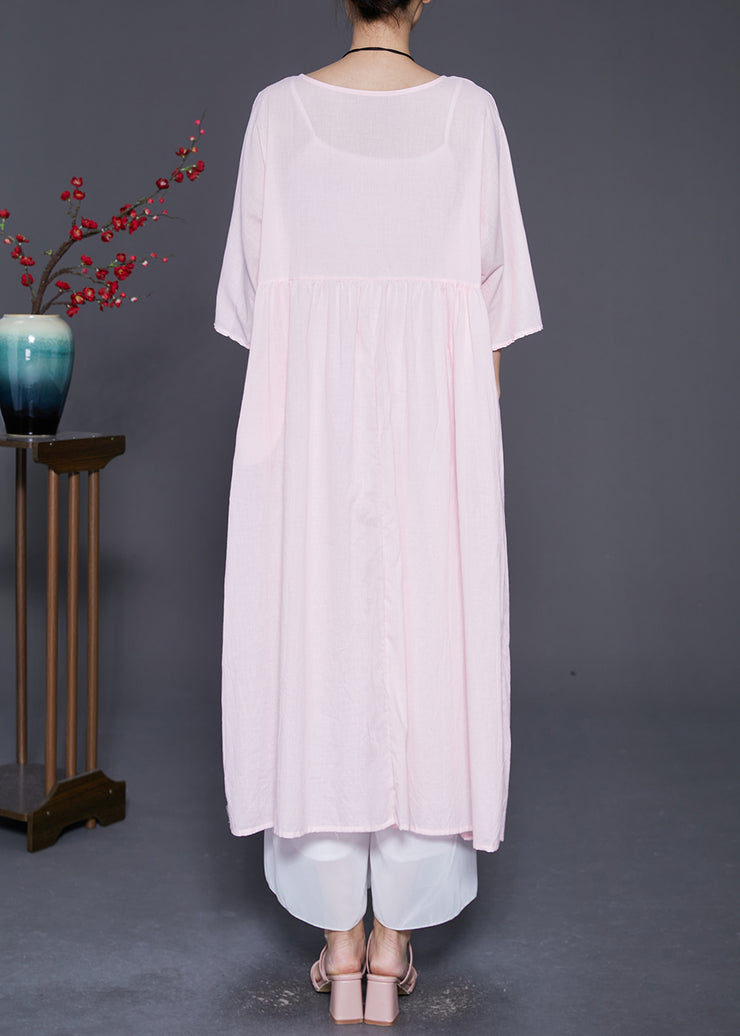 Natural Pink Ruffled Patchwork Linen Robe Dresses Batwing Sleeve