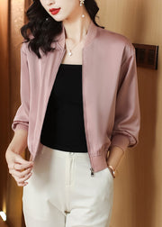 Natural Pink Stand Collar Zippered Solid Coats Long Sleeve