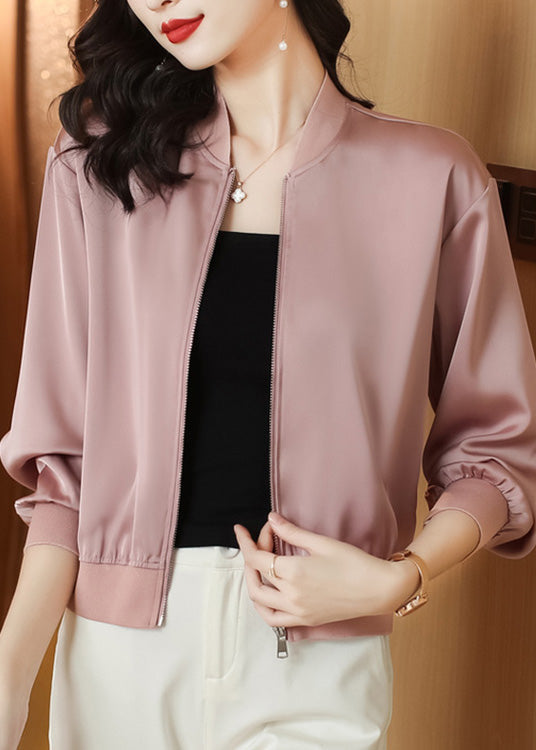Natural Pink Stand Collar Zippered Solid Coats Long Sleeve