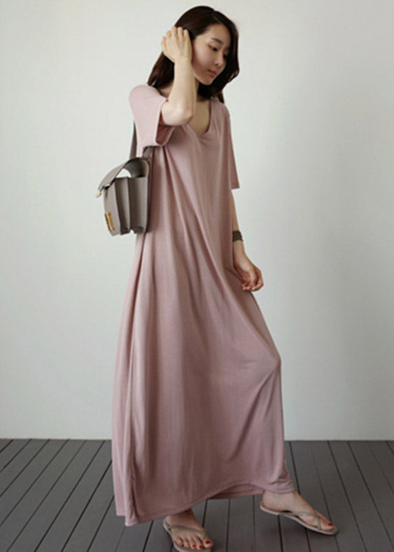 Natural Pink V Neck Cotton Long Dress Short Sleeve