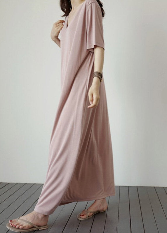 Natural Pink V Neck Cotton Long Dress Short Sleeve