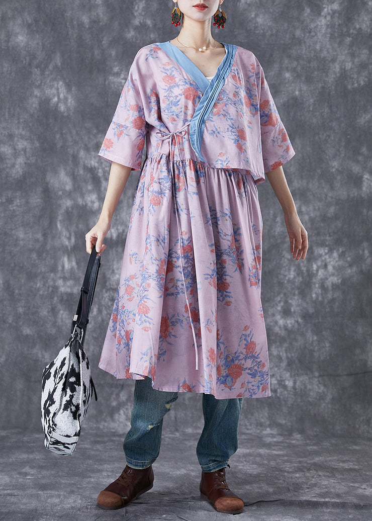 Natural Pink V Neck Patchwork Print Linen Robe Dresses Summer
