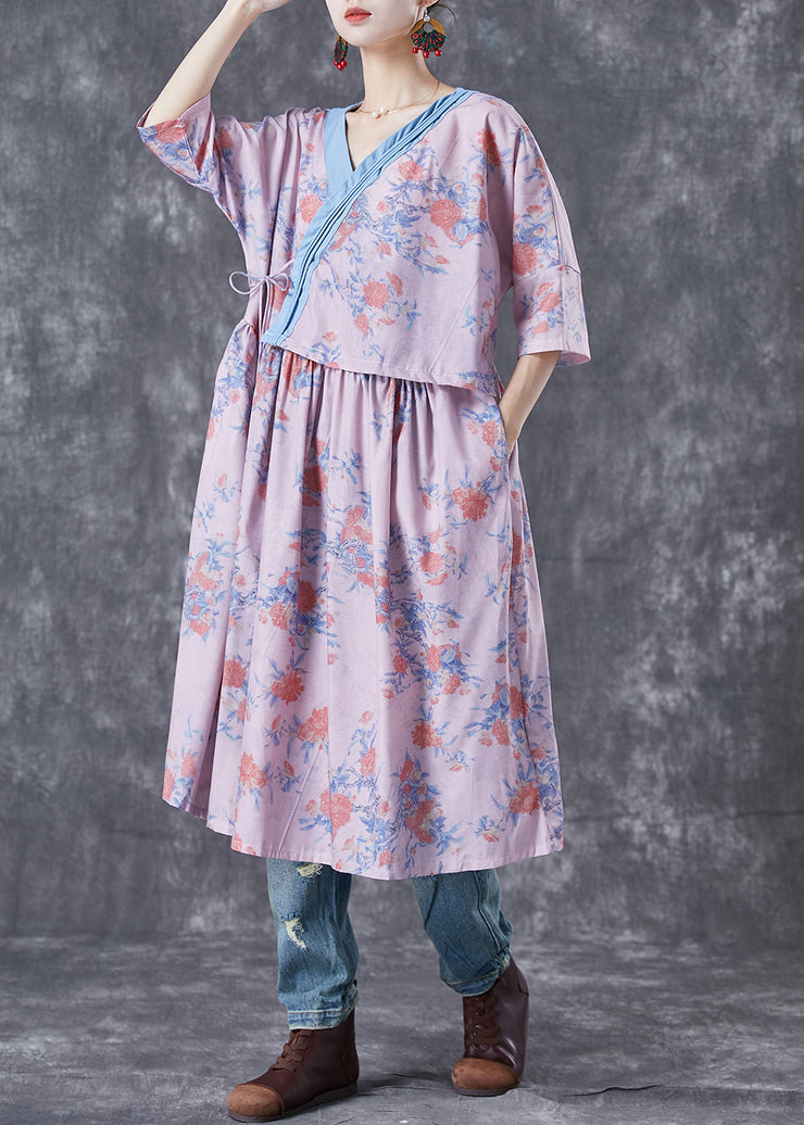 Natural Pink V Neck Patchwork Print Linen Robe Dresses Summer