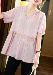 Natural Pink V Neck Plaid Solid Shirt Short Sleeve