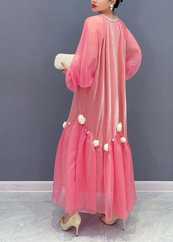 Natural Pink V Neck Tulle Patchwork Silk Velour Maxi Dress Long Sleeve