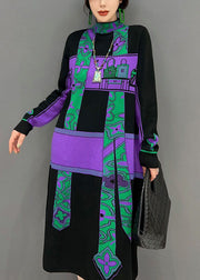 Natural Purple Hign Neck Print Patchwork Knit Dresses Winter