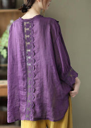 Natural Purple Hollow Out Patchwork Summer Ramie Shirt Top Long Sleeve - SooLinen