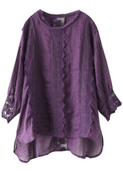 Natural Purple Hollow Out Patchwork Summer Ramie Shirt Top Long Sleeve - SooLinen