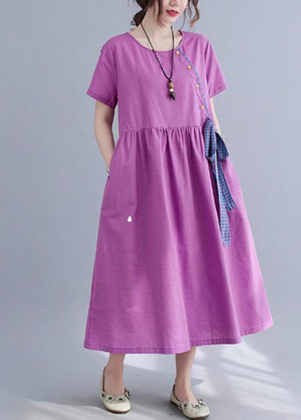 Natural Purple O-Neck Linen Summer Cotton Dress - SooLinen
