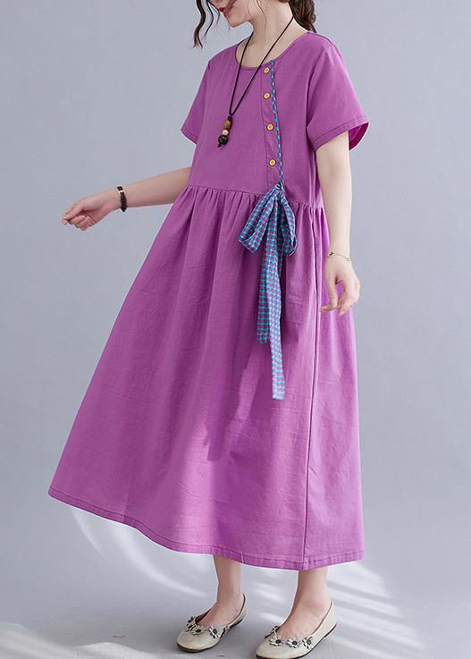 Natural Purple O-Neck Linen Summer Cotton Dress - SooLinen