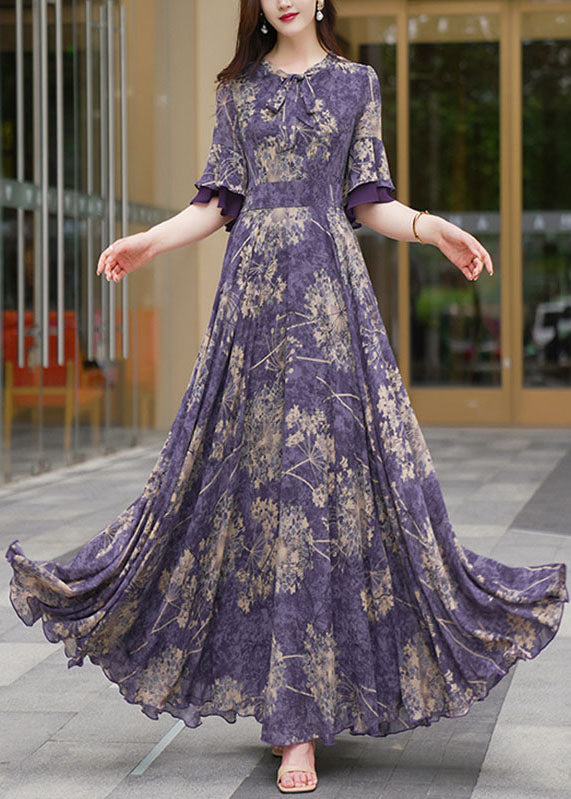 Natural Purple O-Neck Print Patchwork High Waist Chiffon Maxi Beach Dresses Half Sleeve